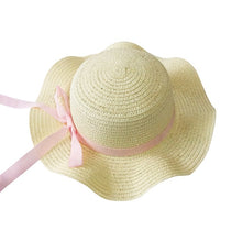 Load image into Gallery viewer, Girls Summer Cap Black Ribbon Decorate Wavy Straw Hat For Girls Children Panama Hat Kids Sun Cap Baby Beach Hats
