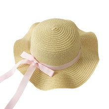Load image into Gallery viewer, Girls Summer Cap Black Ribbon Decorate Wavy Straw Hat For Girls Children Panama Hat Kids Sun Cap Baby Beach Hats
