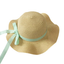 Load image into Gallery viewer, Girls Summer Cap Black Ribbon Decorate Wavy Straw Hat For Girls Children Panama Hat Kids Sun Cap Baby Beach Hats
