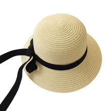 Load image into Gallery viewer, Girls Summer Cap Black Ribbon Decorate Wavy Straw Hat For Girls Children Panama Hat Kids Sun Cap Baby Beach Hats

