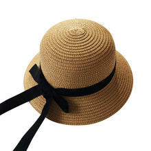 Load image into Gallery viewer, Girls Summer Cap Black Ribbon Decorate Wavy Straw Hat For Girls Children Panama Hat Kids Sun Cap Baby Beach Hats
