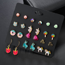 Load image into Gallery viewer, 12 PCS/SET Lollipop&amp;alpaca&amp;Unicorn shape Earring Set For Girls Crystal Statement Earring Jewelry Metal Wedding Earrings ER200108

