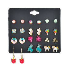 Load image into Gallery viewer, 12 PCS/SET Lollipop&amp;alpaca&amp;Unicorn shape Earring Set For Girls Crystal Statement Earring Jewelry Metal Wedding Earrings ER200108
