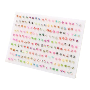 100Pair/lot Multi-style Colorful Fruit Flower Geometric Crystal Stud Earrings Set For Women Girls Plastic Earrings Jewelry Gifts