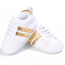 Load image into Gallery viewer, Baby Shoes Pu Leather Shoes Sports Sneakers Newborn Baby Boys Girls Stripe Pattern Shoes Infant Toddler Soft Anti-slip Shoes
