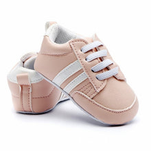 Load image into Gallery viewer, Baby Shoes Pu Leather Shoes Sports Sneakers Newborn Baby Boys Girls Stripe Pattern Shoes Infant Toddler Soft Anti-slip Shoes
