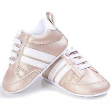 Load image into Gallery viewer, Baby Shoes Pu Leather Shoes Sports Sneakers Newborn Baby Boys Girls Stripe Pattern Shoes Infant Toddler Soft Anti-slip Shoes
