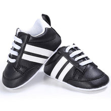 Load image into Gallery viewer, Baby Shoes Pu Leather Shoes Sports Sneakers Newborn Baby Boys Girls Stripe Pattern Shoes Infant Toddler Soft Anti-slip Shoes
