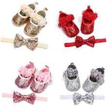Load image into Gallery viewer, Bowknot Sequins Baby Girls Shoes Infant Newborn Princess Shoes First Walkers + Hairband Baby Girl Birthday Party Shoes

