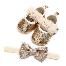Load image into Gallery viewer, Bowknot Sequins Baby Girls Shoes Infant Newborn Princess Shoes First Walkers + Hairband Baby Girl Birthday Party Shoes
