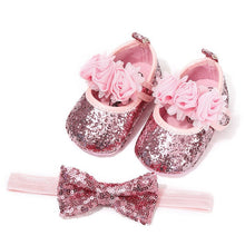 Load image into Gallery viewer, Bowknot Sequins Baby Girls Shoes Infant Newborn Princess Shoes First Walkers + Hairband Baby Girl Birthday Party Shoes

