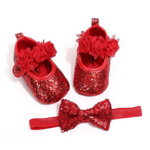 Load image into Gallery viewer, Bowknot Sequins Baby Girls Shoes Infant Newborn Princess Shoes First Walkers + Hairband Baby Girl Birthday Party Shoes
