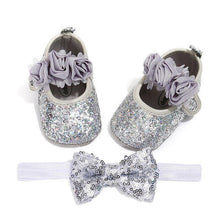 Load image into Gallery viewer, Bowknot Sequins Baby Girls Shoes Infant Newborn Princess Shoes First Walkers + Hairband Baby Girl Birthday Party Shoes
