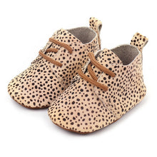 Load image into Gallery viewer, Genuine Leather Baby shoes Leopard print Baby Girls Soft shoes Horse hair Boys First walkers Lace Baby moccasins
