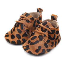 Load image into Gallery viewer, Genuine Leather Baby shoes Leopard print Baby Girls Soft shoes Horse hair Boys First walkers Lace Baby moccasins

