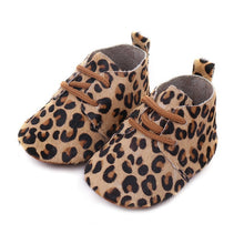 Load image into Gallery viewer, Genuine Leather Baby shoes Leopard print Baby Girls Soft shoes Horse hair Boys First walkers Lace Baby moccasins
