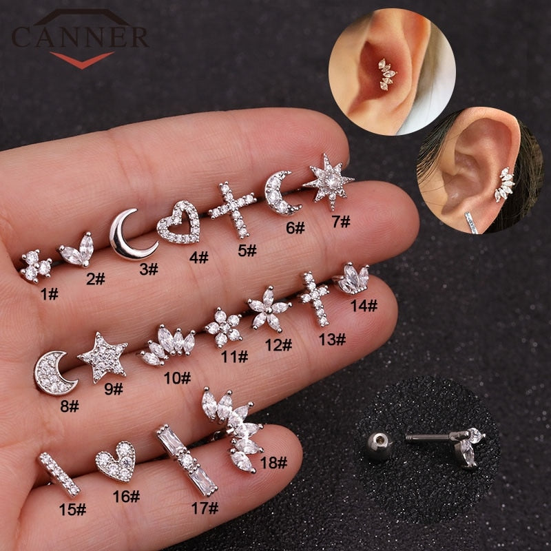 1 pcs Zircon Stone Ear Piercing Tragus Earrings for Women Gold Silver color small fresh Moon Star Stainless steel Earrings