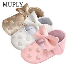 Load image into Gallery viewer, Baby PU Leather Baby Boy Girl Baby Moccasins Moccs Shoes Bow Fringe Soft Soled Non-slip Footwear Crib Shoes
