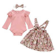 Load image into Gallery viewer, Autumn Infant Baby Girls Clothes Sets 3Pcs Pink Romper Long Sleeve Tops Flower Dress Headband Newborn Clothing 0 3-24 Months Set
