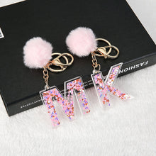 Load image into Gallery viewer, 1PC Women Keychains  26 Glitter Hollowed-out  Words Handbag English Letter Keyring  with Puffer Ball Charms
