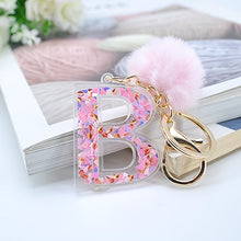 Load image into Gallery viewer, 1PC Women Keychains  26 Glitter Hollowed-out  Words Handbag English Letter Keyring  with Puffer Ball Charms
