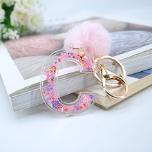 Load image into Gallery viewer, 1PC Women Keychains  26 Glitter Hollowed-out  Words Handbag English Letter Keyring  with Puffer Ball Charms
