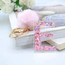 Load image into Gallery viewer, 1PC Women Keychains  26 Glitter Hollowed-out  Words Handbag English Letter Keyring  with Puffer Ball Charms
