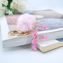 Load image into Gallery viewer, 1PC Women Keychains  26 Glitter Hollowed-out  Words Handbag English Letter Keyring  with Puffer Ball Charms
