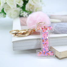 Load image into Gallery viewer, 1PC Women Keychains  26 Glitter Hollowed-out  Words Handbag English Letter Keyring  with Puffer Ball Charms
