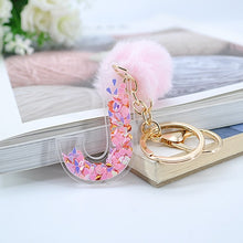 Load image into Gallery viewer, 1PC Women Keychains  26 Glitter Hollowed-out  Words Handbag English Letter Keyring  with Puffer Ball Charms
