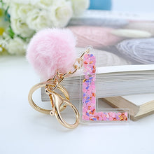 Load image into Gallery viewer, 1PC Women Keychains  26 Glitter Hollowed-out  Words Handbag English Letter Keyring  with Puffer Ball Charms
