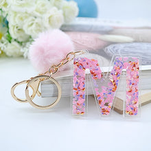 Load image into Gallery viewer, 1PC Women Keychains  26 Glitter Hollowed-out  Words Handbag English Letter Keyring  with Puffer Ball Charms
