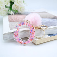 Load image into Gallery viewer, 1PC Women Keychains  26 Glitter Hollowed-out  Words Handbag English Letter Keyring  with Puffer Ball Charms
