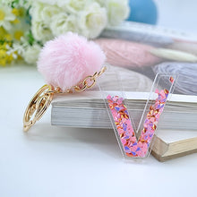 Load image into Gallery viewer, 1PC Women Keychains  26 Glitter Hollowed-out  Words Handbag English Letter Keyring  with Puffer Ball Charms
