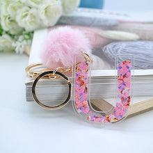 Load image into Gallery viewer, 1PC Women Keychains  26 Glitter Hollowed-out  Words Handbag English Letter Keyring  with Puffer Ball Charms
