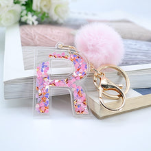 Load image into Gallery viewer, 1PC Women Keychains  26 Glitter Hollowed-out  Words Handbag English Letter Keyring  with Puffer Ball Charms
