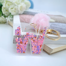 Load image into Gallery viewer, 1PC Women Keychains  26 Glitter Hollowed-out  Words Handbag English Letter Keyring  with Puffer Ball Charms
