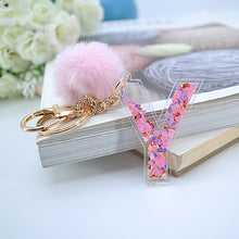 Load image into Gallery viewer, 1PC Women Keychains  26 Glitter Hollowed-out  Words Handbag English Letter Keyring  with Puffer Ball Charms
