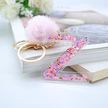 Load image into Gallery viewer, 1PC Women Keychains  26 Glitter Hollowed-out  Words Handbag English Letter Keyring  with Puffer Ball Charms
