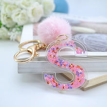 Load image into Gallery viewer, 1PC Women Keychains  26 Glitter Hollowed-out  Words Handbag English Letter Keyring  with Puffer Ball Charms

