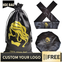 Load image into Gallery viewer, Custom Logo Silk Satin Drawstring Bags Headband Shower Cap For Hair Wigs Wrap Grip Band Laying Scarf Wrapping

