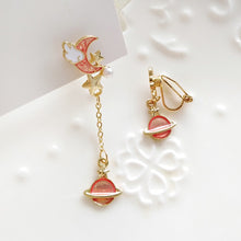 Load image into Gallery viewer, Korea Style Asymmetrical Fresh Enamel blue Star Moon Planet  Circle Clip on Earrings Non Pierced For Girl Women Party Gift
