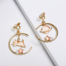 Load image into Gallery viewer, Korea Style Asymmetrical Fresh Enamel blue Star Moon Planet  Circle Clip on Earrings Non Pierced For Girl Women Party Gift
