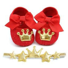 Load image into Gallery viewer, Baby Shoes Newborn PU Bow Cute Crown Non-slip Soft Bottom Baby Girl Shoes First Walker Fashion Princess Shoes
