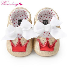 Load image into Gallery viewer, Baby Shoes Newborn PU Bow Cute Crown Non-slip Soft Bottom Baby Girl Shoes First Walker Fashion Princess Shoes
