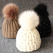 Load image into Gallery viewer, Girls lovely kintted Pompon Beanies Boy Winter Caps Baby Warm Fur sequins Knit Beanie Newborn Hat Fleece Crochet Caps
