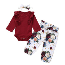 Load image into Gallery viewer, 3Pcs Newborn Baby Girl Clothes Set Fashion Autumn Long Sleeve Solid Color Romper Tops Pants Headband Infant Clothing Outfits
