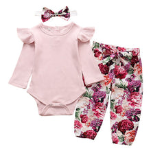 Load image into Gallery viewer, Autumn Infant Baby Girls Clothes Sets 3Pcs Pink Romper Long Sleeve Tops Flower Dress Headband Newborn Clothing 0 3-24 Months Set
