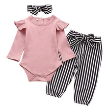 Load image into Gallery viewer, Autumn Infant Baby Girls Clothes Sets 3Pcs Pink Romper Long Sleeve Tops Flower Dress Headband Newborn Clothing 0 3-24 Months Set

