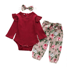 Load image into Gallery viewer, Autumn Infant Baby Girls Clothes Sets 3Pcs Pink Romper Long Sleeve Tops Flower Dress Headband Newborn Clothing 0 3-24 Months Set
